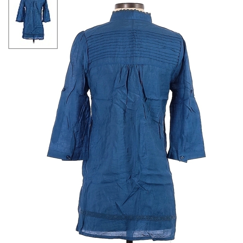 Edge Blue Tunic Top Woman's Small S Cottage Long Sleeve V-Neck Pleated Lace EUC - Picture 2 of 9